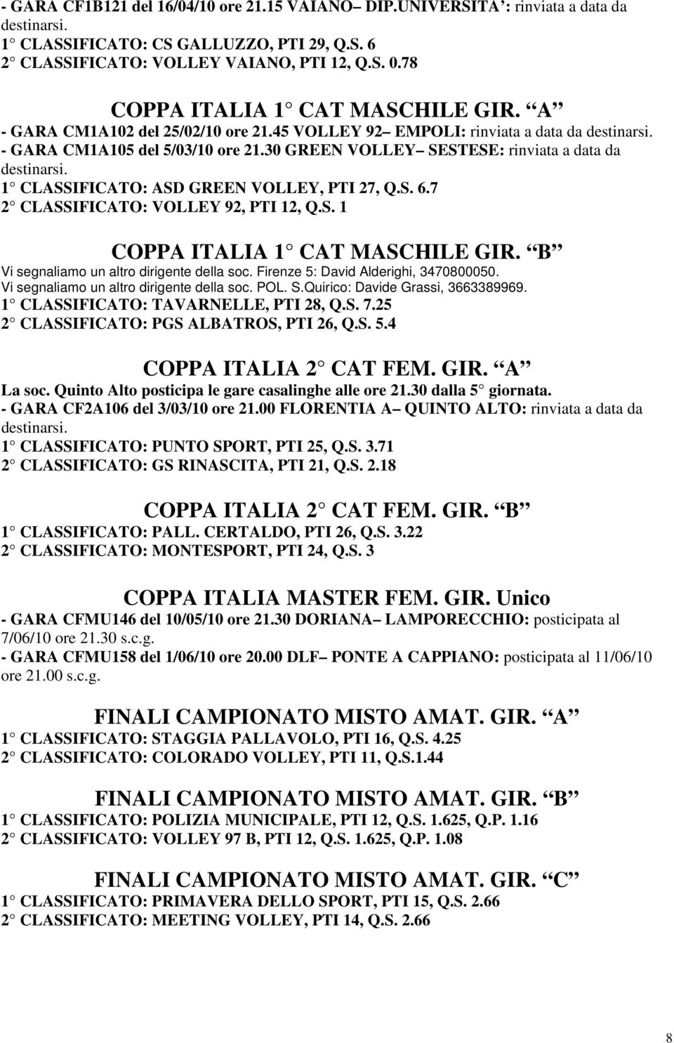 30 GREEN VOLLEY SESTESE: rinviata a data da 1 CLASSIFICATO: ASD GREEN VOLLEY, PTI 27, Q.S. 6.7 2 CLASSIFICATO: VOLLEY 92, PTI 12, Q.S. 1 COPPA ITALIA 1 CAT MASCHILE GIR.