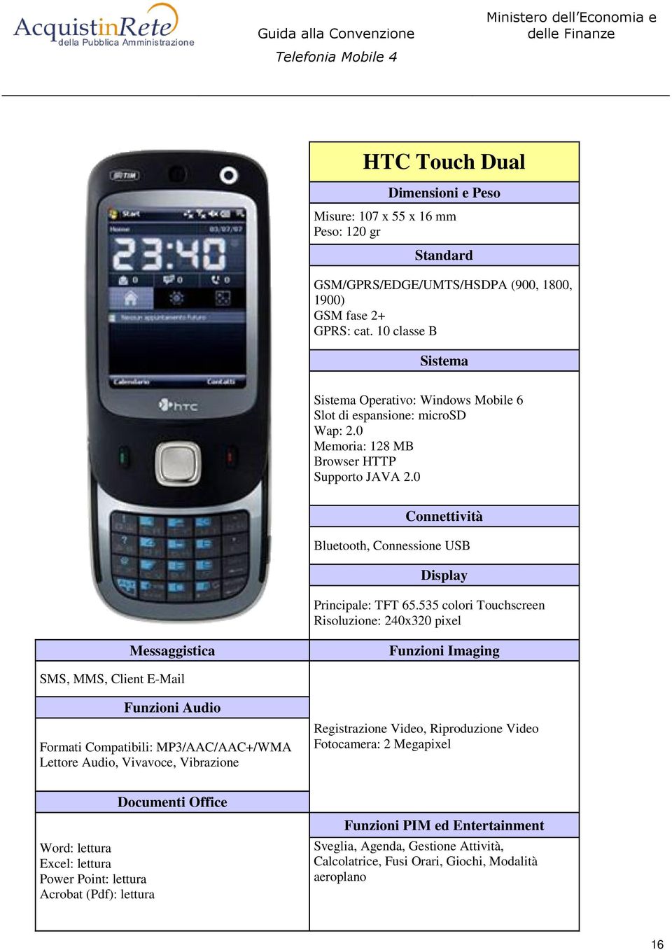 535 colori Touchscreen Risoluzione: 240x320 pixel SMS, MMS, Client E-Mail Formati Compatibili: MP3/AAC/AAC+/WMA Lettore Audio, Vivavoce, Vibrazione Registrazione