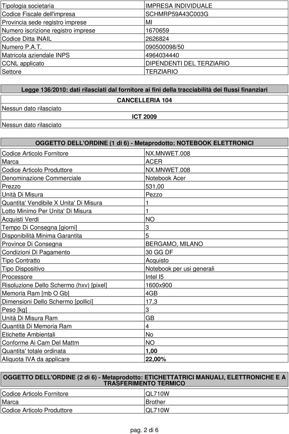 finanziari CANCELLERIA 104 Nessun dato rilasciato ICT 2009 Nessun dato rilasciato OGGETTO DELL'ORDINE (1 di 6) - Metaprodotto: TEBOOK ELETTRONICI NX.MNWET.