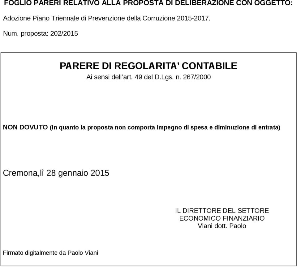 267/2000 NON DOVUTO (in quanto la proposta non comporta impegno di spesa e diminuzione di entrata) Cremona,lì 28