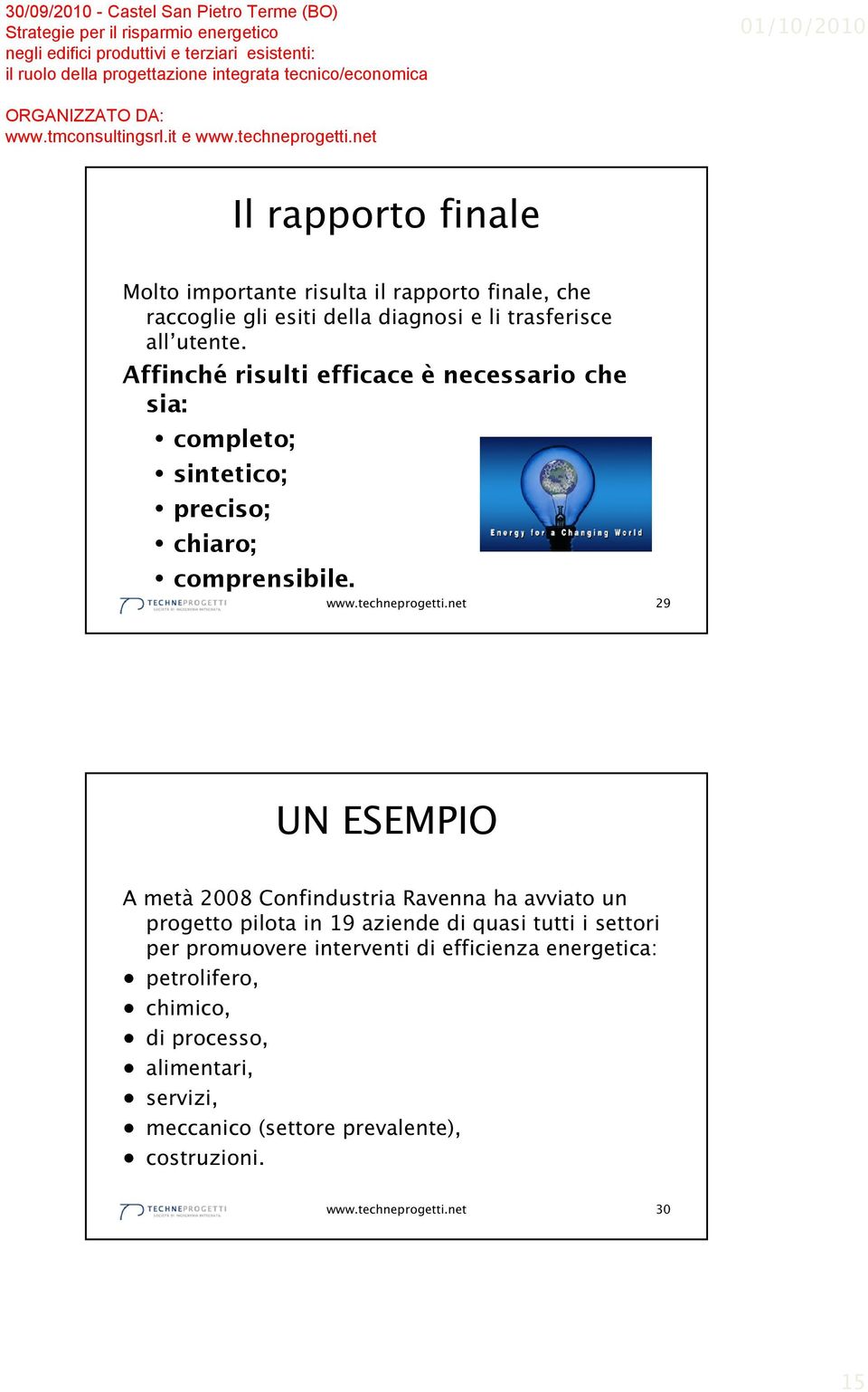 net 29 UN ESEMPIO A metà 2008 Confindustria Ravenna ha avviato un progetto pilota in 19 aziende di quasi tutti i settori per promuovere