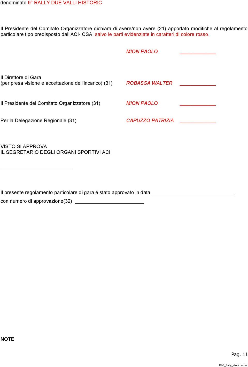 MION PAOLO Il Direttore di Gara (per presa visione e accettazione dell'incarico) (31) ROBASSA WALTER Il Presidente dei Comitato Organizzatore (31) MION