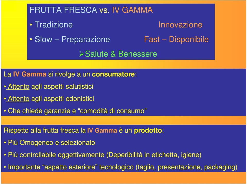 consumatore: Attento agli aspetti salutistici Attento agli aspetti edonistici Che chiede garanzie e comodità di consumo