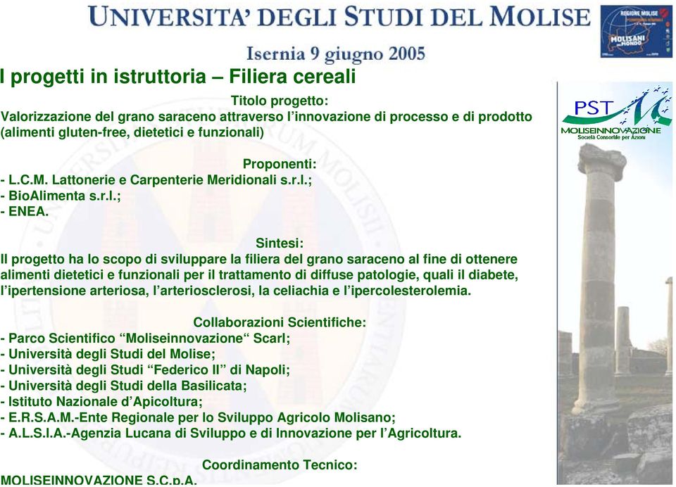 Il progetto ha lo scopo di sviluppare la filiera del grano saraceno al fine di ottenere alimenti dietetici e funzionali per il trattamento di diffuse patologie, quali il diabete, l ipertensione