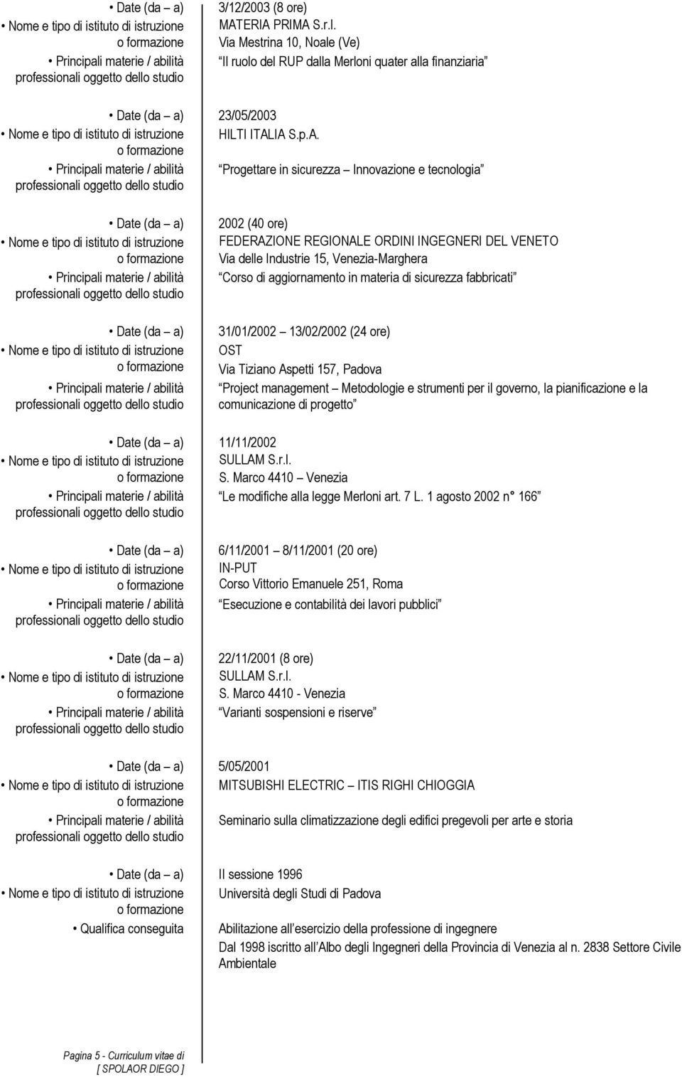 FEDERAZIONE REGIONALE ORDINI INGEGNERI DEL VENETO Via delle Industrie 15, Venezia-Marghera Corso di aggiornamento in materia di sicurezza fabbricati 31/01/2002 13/02/2002 (24 ore) OST Via Tiziano