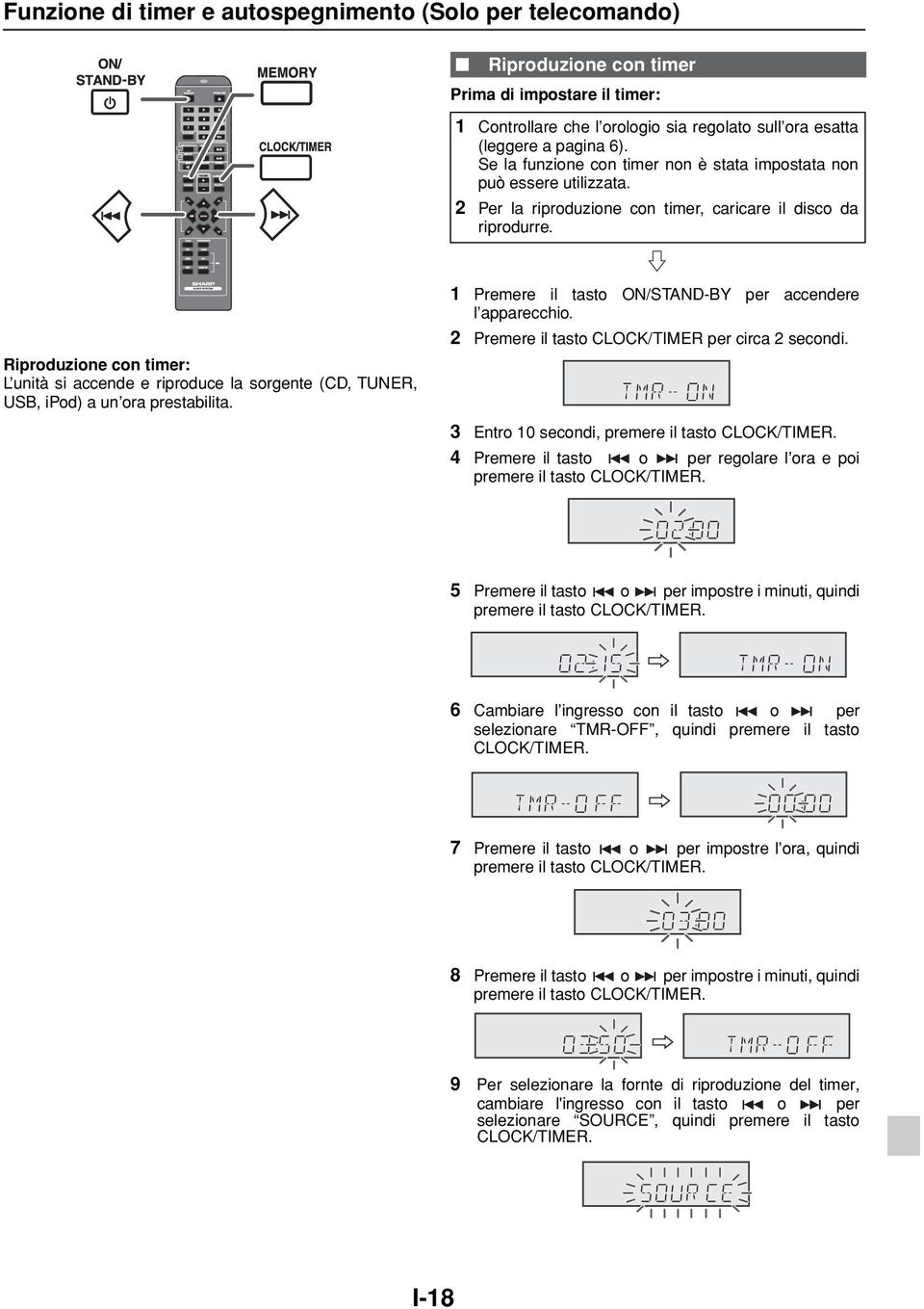 Riproduzione con timer: L unità si accende e riproduce la sorgente (CD, TUNER,, ipod) a un ora prestabilita. 1 Premere il tasto ON/STAND-BY per accendere l apparecchio.