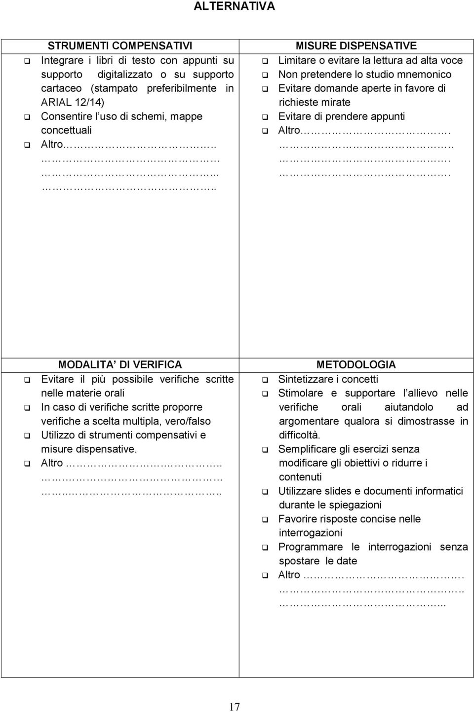 Evitare il più possibile verifiche scritte nelle materie orali In caso di verifiche scritte proporre verifiche a scelta multipla, vero/falso Altro.