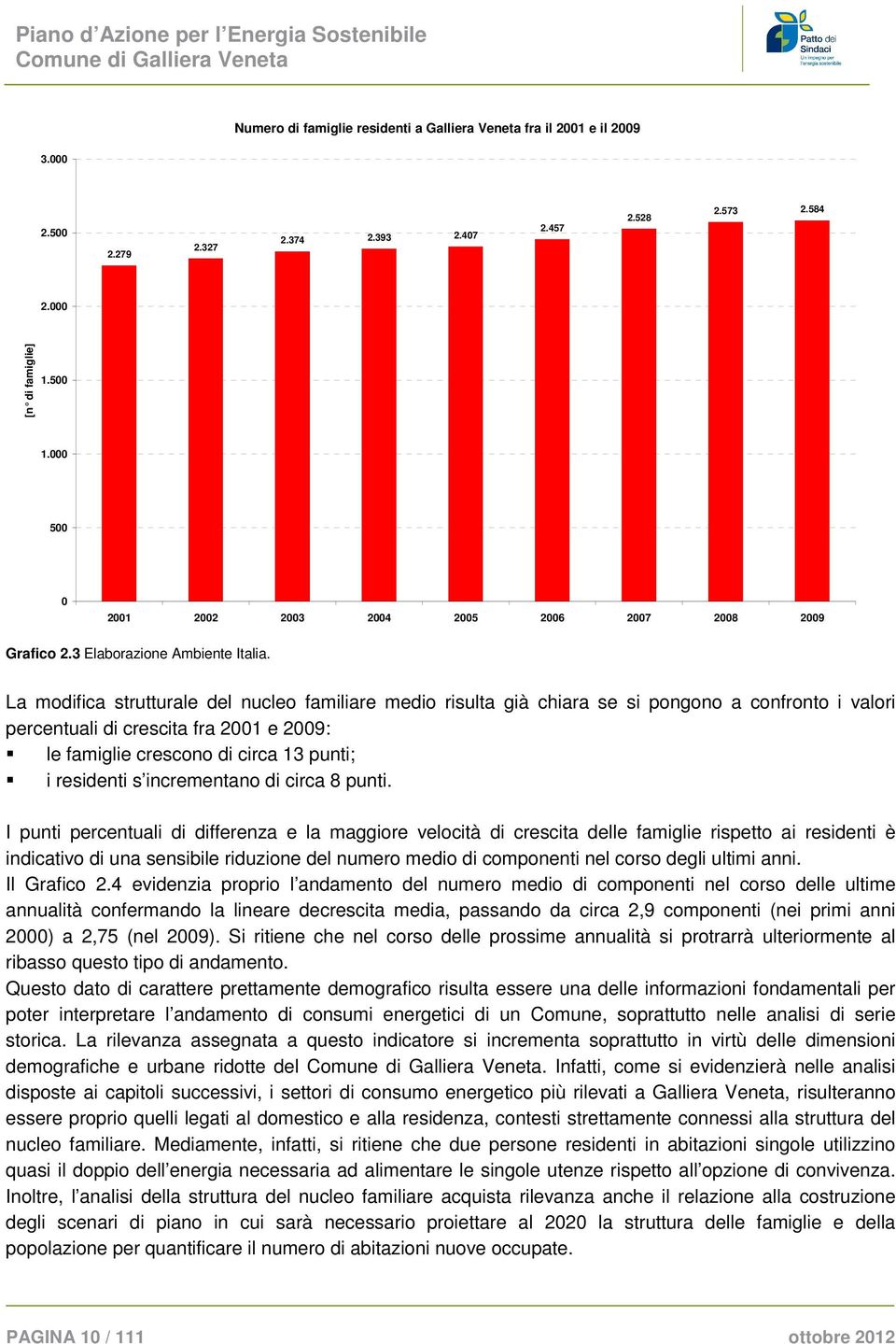 La modifica strutturale del nucleo familiare medio risulta già chiara se si pongono a confronto i valori percentuali di crescita fra 2001 e 2009: le famiglie crescono di circa 13 punti; i residenti s