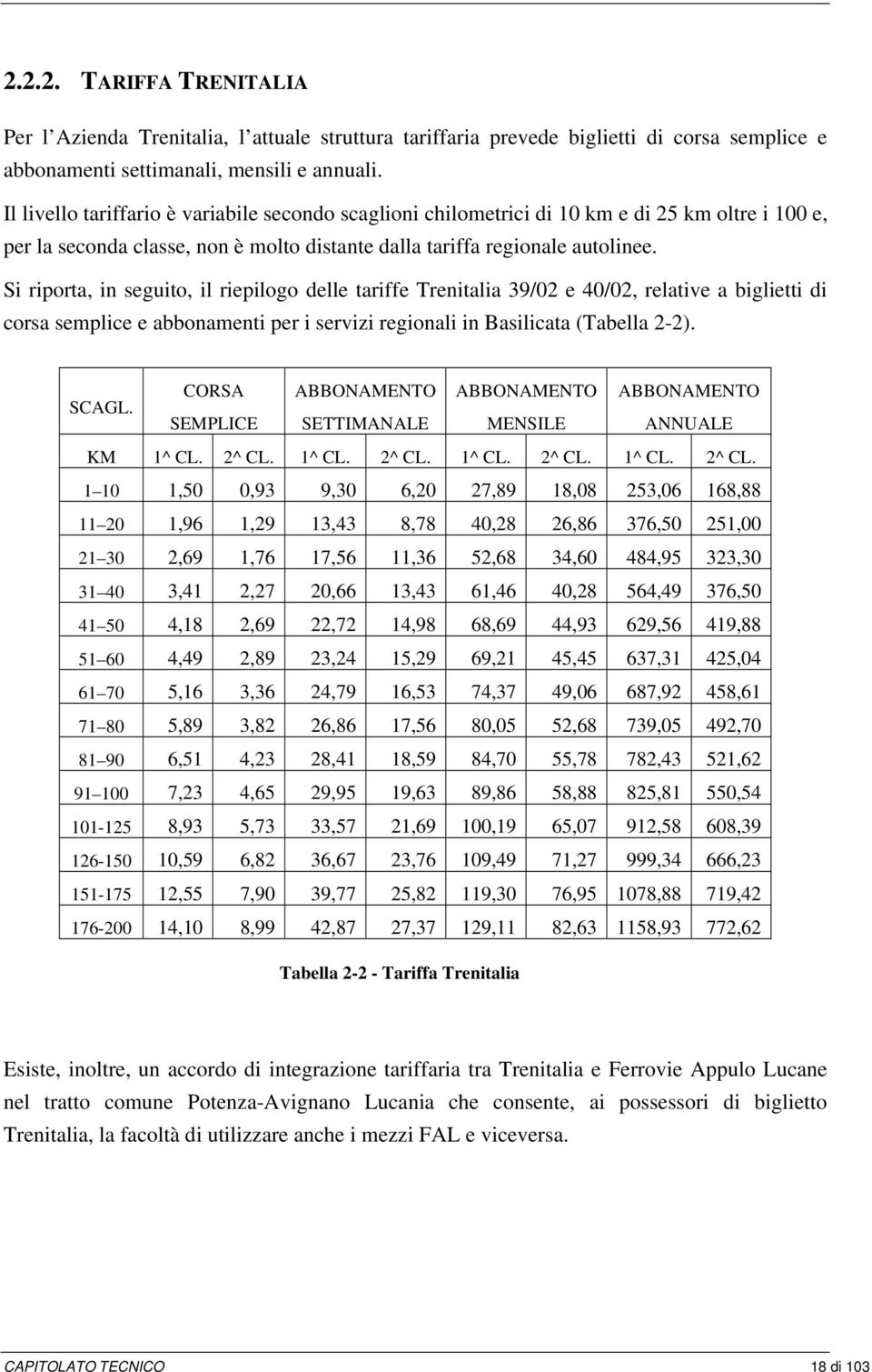 Si riporta, in seguito, il riepilogo delle tariffe Trenitalia 39/02 e 40/02, relative a biglietti di corsa semplice e abbonamenti per i servizi regionali in Basilicata (Tabella 2-2). SCAGL.