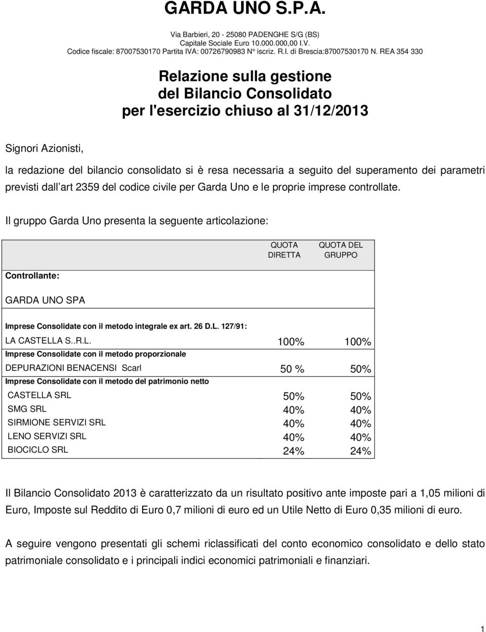 superamento dei parametri previsti dall art 2359 del codice civile per Garda Uno e le proprie imprese controllate.