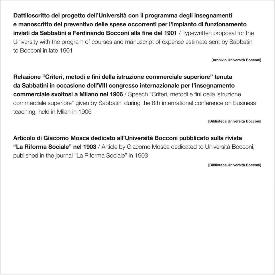 e fini della istruzione commerciale superiore tenuta da Sabbatini in occasione dell VIII congresso internazionale per l insegnamento commerciale svoltosi a Milano nel 1906 / Speech Criteri, metodi e