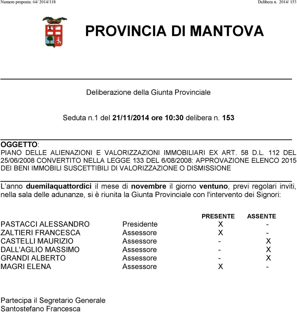 O DISMISSIONE L anno duemilaquattordici il mese di novembre il giorno ventuno, previ regolari inviti, nella sala delle adunanze, si è riunita la Giunta Provinciale con l'intervento dei Signori: