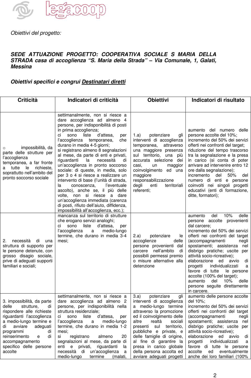 delle strutture per l accoglienza temporanea, a far fronte a tutte le richieste, soprattutto nell ambito del pronto soccorso sociale 2.