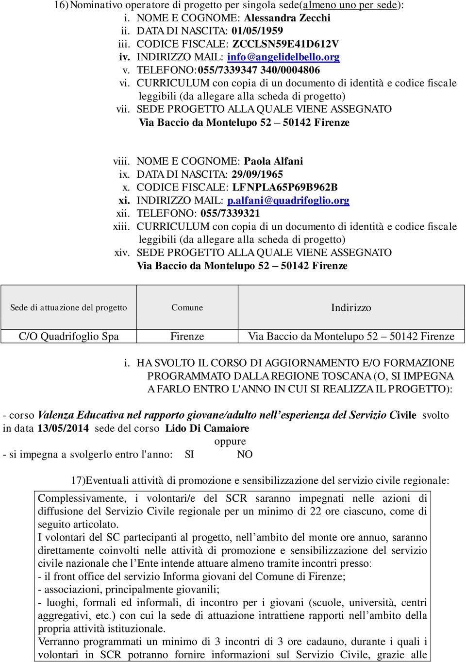 SEDE PROGETTO ALLA QUALE VIENE ASSEGNATO Via Baccio da Montelupo 52 50142 Firenze viii. NOME E COGNOME: Paola Alfani ix. DATA DI NASCITA: 29/09/1965 x. CODICE FISCALE: LFNPLA65P69B962B xi.