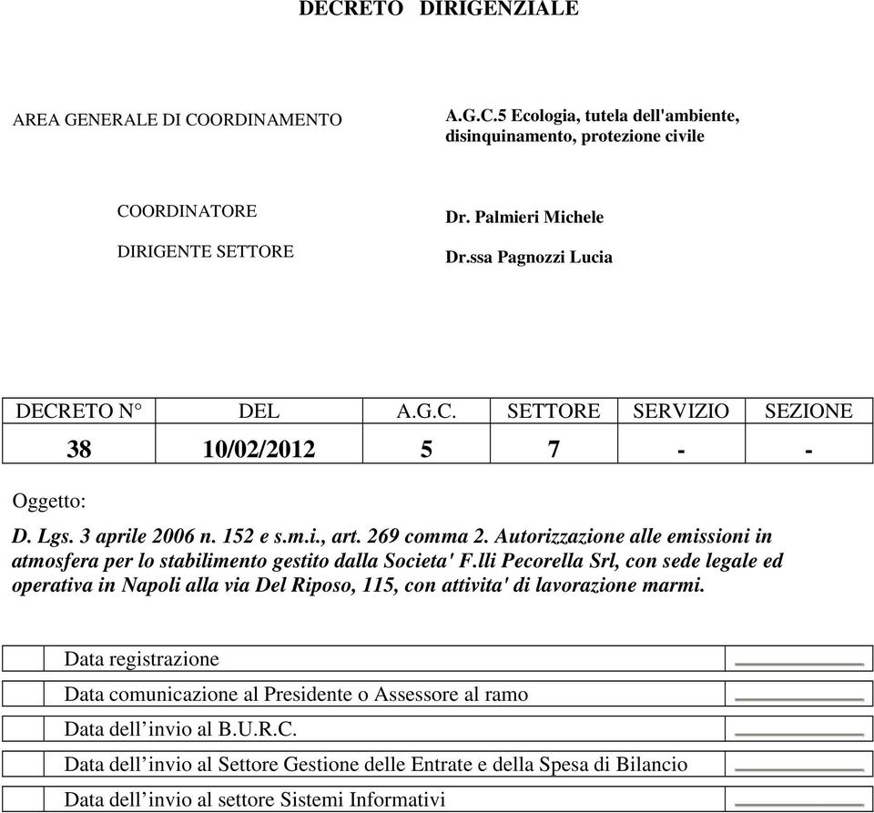 Autorizzazione alle emissioni in atmosfera per lo stabilimento gestito dalla Societa' F.