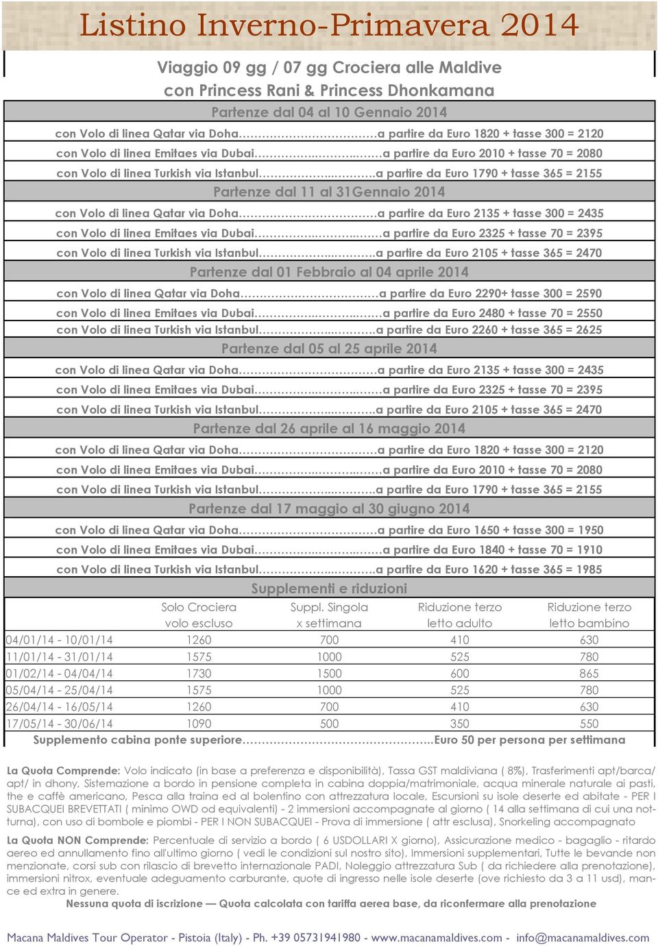 ...a partire da Euro 1790 + tasse 365 = 2155 Partenze dal 11 al 31Gennaio 2014 con Volo di linea Qatar via Doha a partire da Euro 2135 + tasse 300 = 2435 con Volo di linea Emitaes via Dubai.