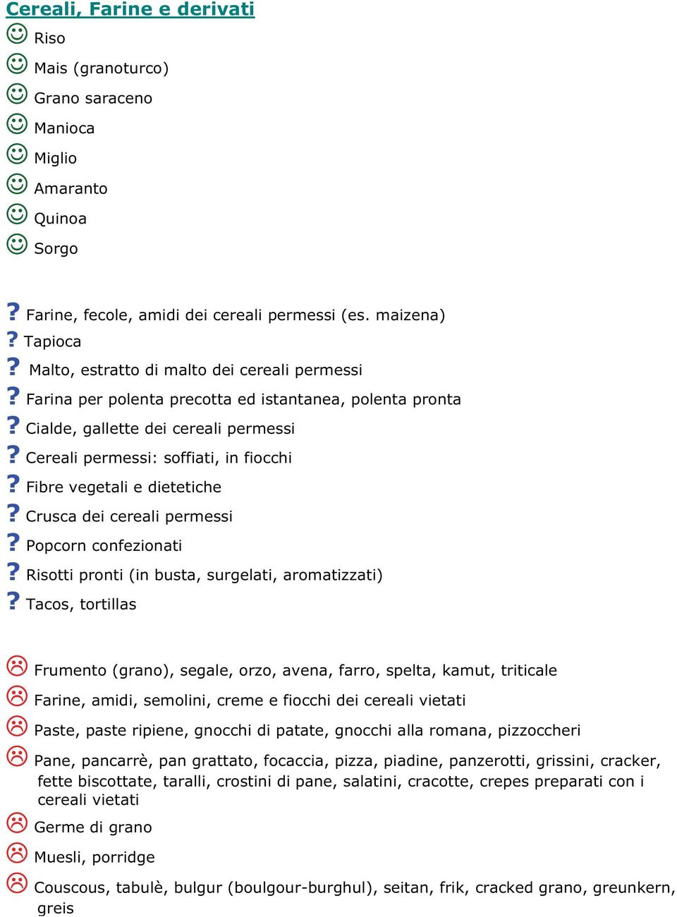 Fibre vegetali e dietetiche? Crusca dei cereali permessi? Popcorn confezionati? Risotti pronti (in busta, surgelati, aromatizzati)?