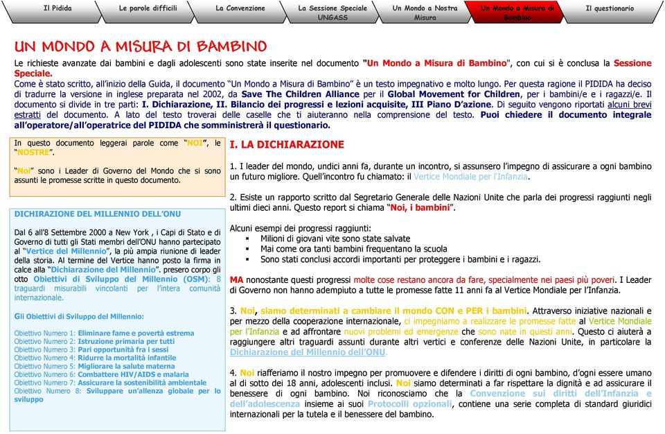 Per questa ragione il PIDIDA ha deciso di tradurre la versione in inglese preparata nel 2002, da Save The Children Alliance per il Global Movement for Children, per i bambini/e e i ragazzi/e.