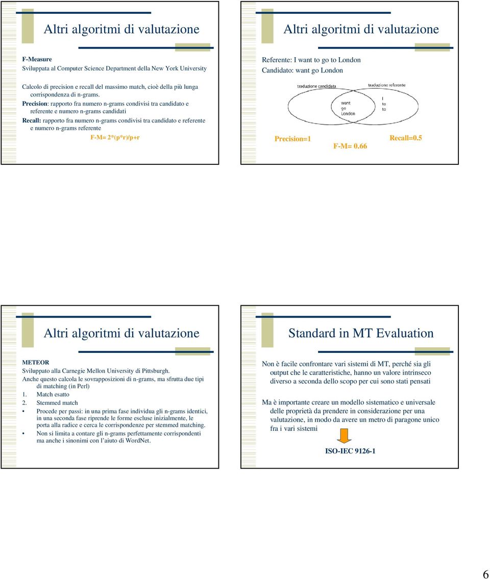 Precision: rapporto fra numero n-grams condivisi tra candidato e referente e numero n-grams candidati Recall: rapporto fra numero n-grams condivisi tra candidato e referente e numero n-grams