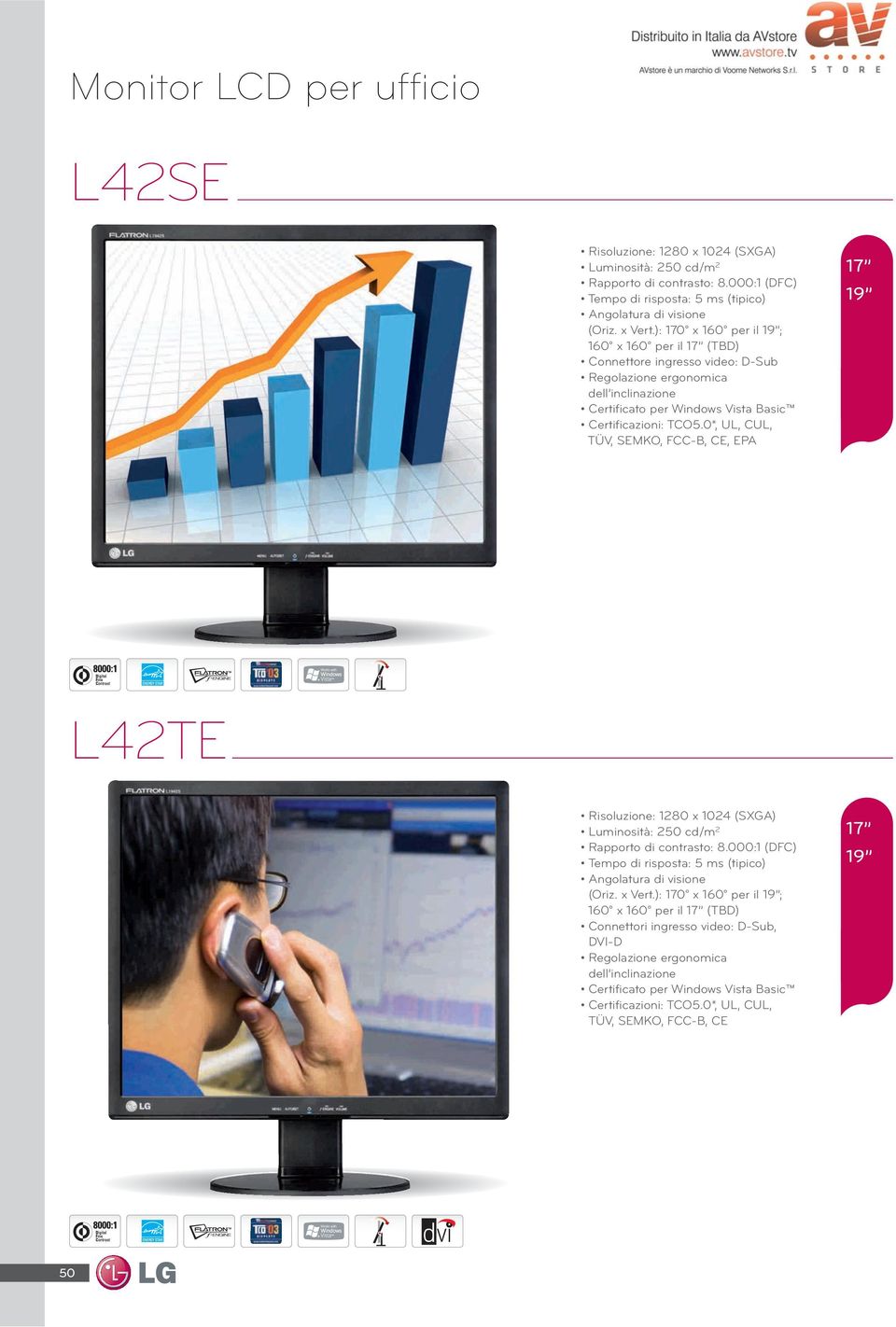 0*, UL, CUL, TÜV, SEMKO, FCC-B, CE, EPA 17 L42TE Risoluzione: 1280 x 1024 (SXGA) Rapporto di contrasto: 8.000:1 (DFC) Tempo di risposta: 5 ms (tipico) Angolatura di visione (Oriz. x Vert.