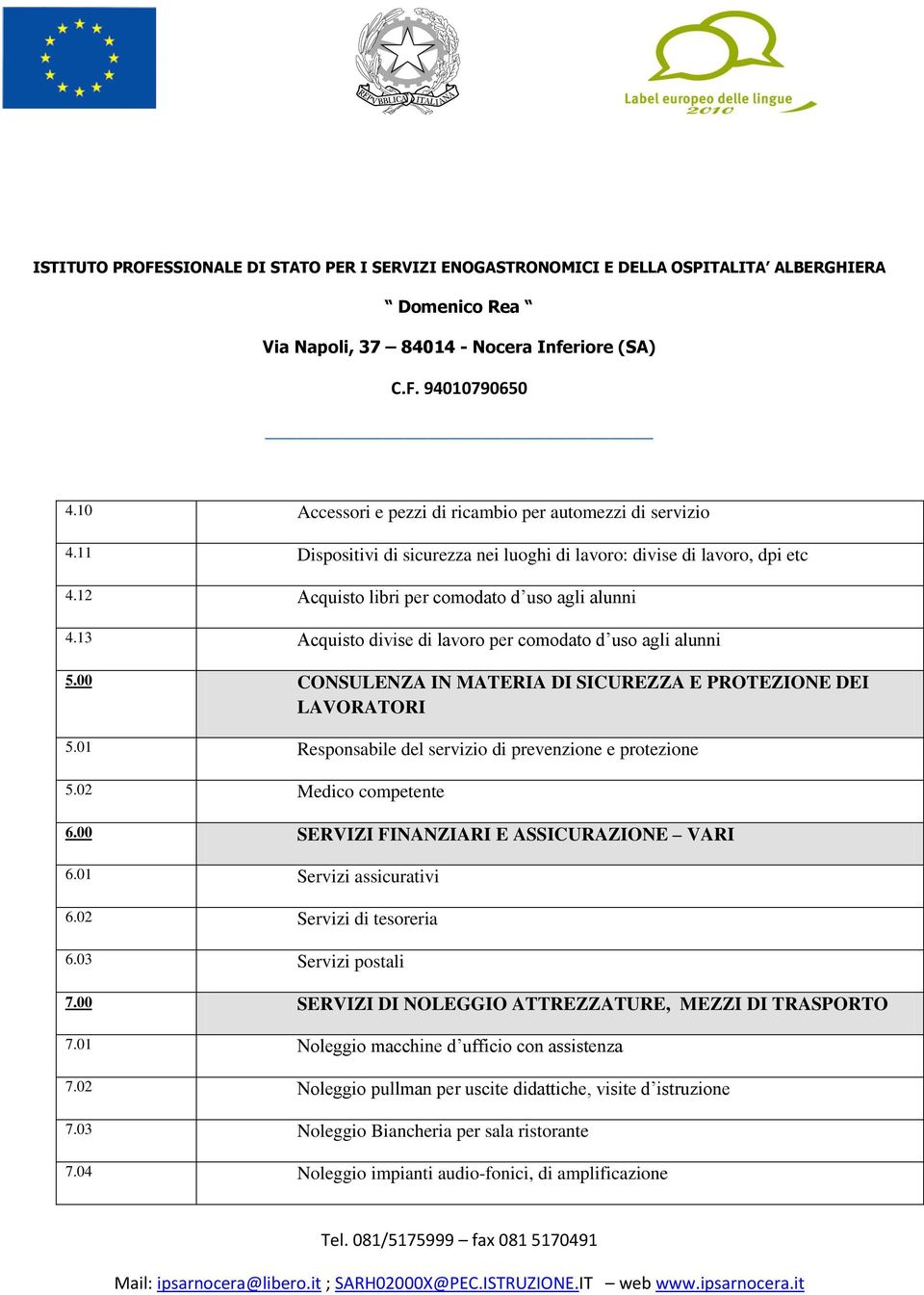 02 Medico competente 6.00 SERVIZI FINANZIARI E ASSICURAZIONE VARI 6.01 Servizi assicurativi 6.02 Servizi di tesoreria 6.03 Servizi postali 7.