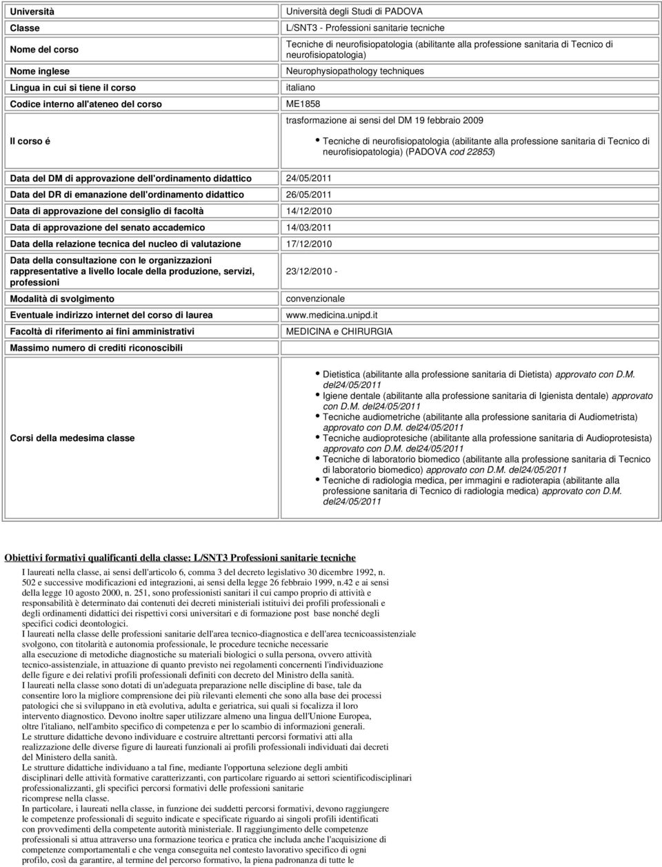 2009 Tecniche di neurofisiopatologia (abilitante alla professione sanitaria di Tecnico di neurofisiopatologia) (PADOVA cod 22853) Data del DM di approvazione dell'ordinamento didattico 24/05/2011