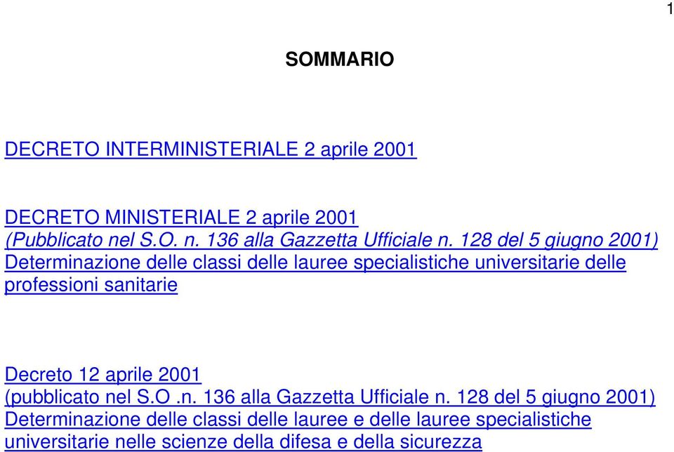 128 del 5 giugno 2001) Determinazione delle classi delle lauree specialistiche universitarie delle professioni sanitarie