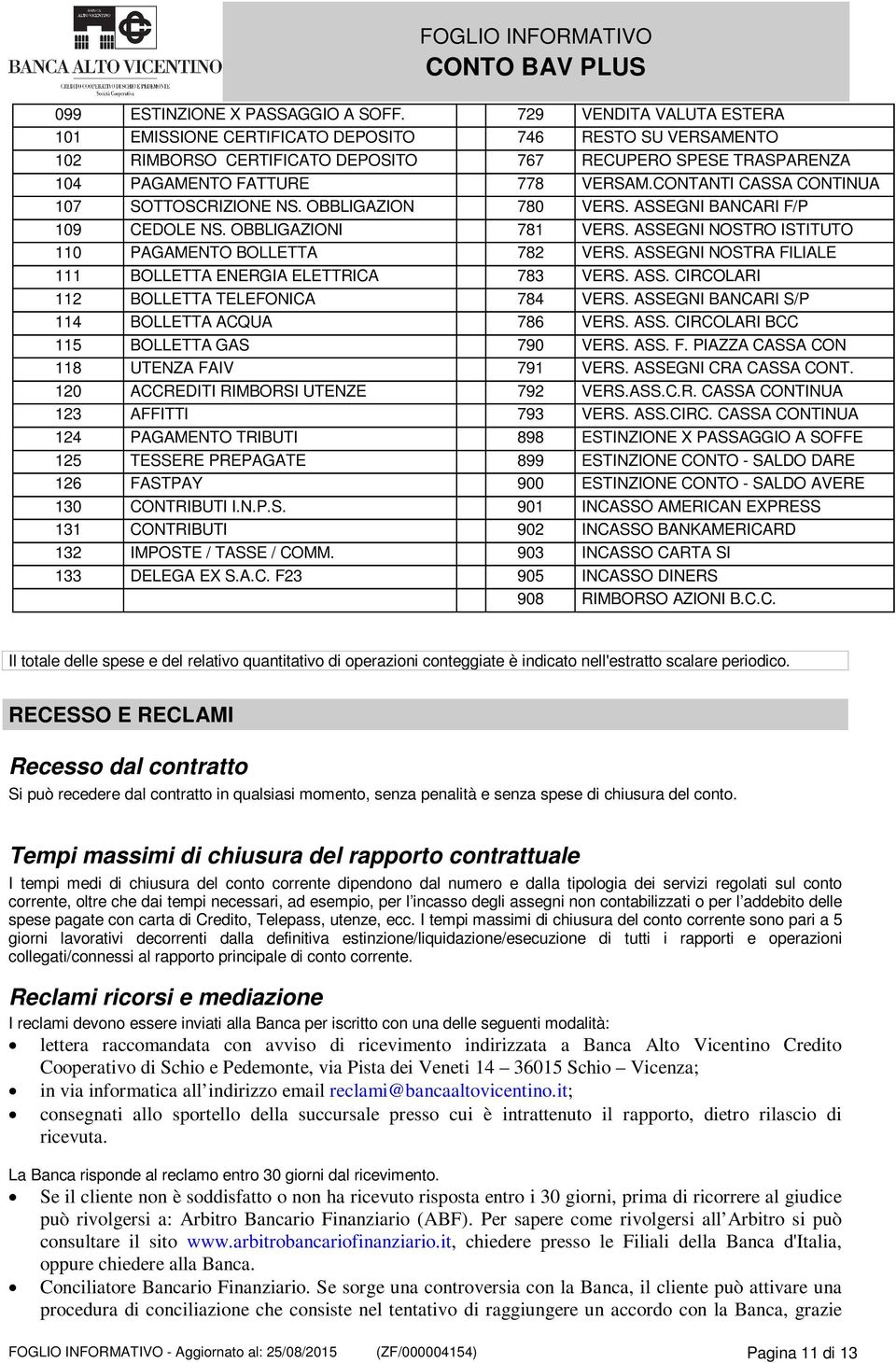 CONTANTI CASSA CONTINUA 107 SOTTOSCRIZIONE NS. OBBLIGAZION 780 VERS. ASSEGNI BANCARI F/P 109 CEDOLE NS. OBBLIGAZIONI 781 VERS. ASSEGNI NOSTRO ISTITUTO 110 PAGAMENTO BOLLETTA 782 VERS.