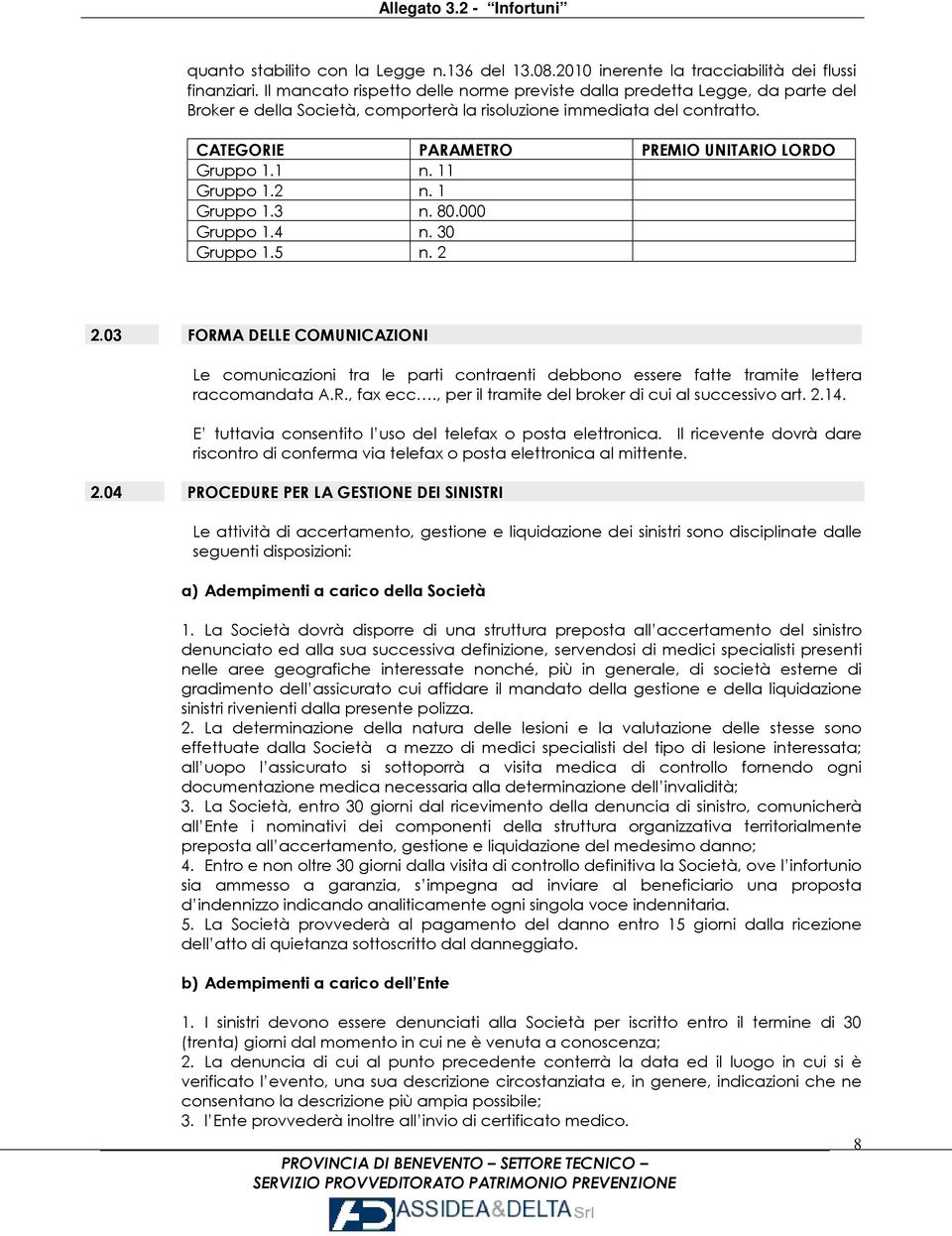 CATEGORIE PARAMETRO PREMIO UNITARIO LORDO Gruppo 1.1 n. 11 Gruppo 1.2 n. 1 Gruppo 1.3 n. 80.000 Gruppo 1.4 n. 30 Gruppo 1.5 n. 2 2.