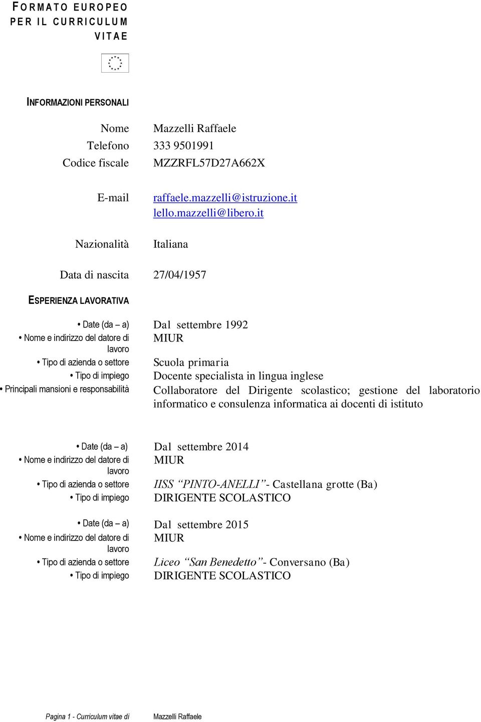 it Italiana Data di nascita 27/04/1957 ESPERIENZA LAVORATIVA Principali mansioni e responsabilità Date (da a) Dal settembre 1992 Scuola primaria Docente specialista in lingua inglese