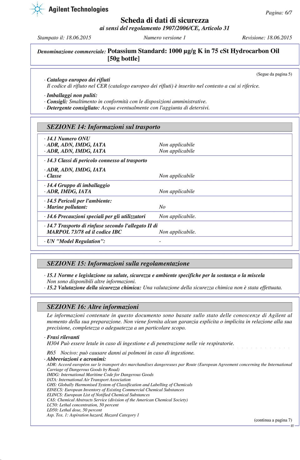 SEZIONE 14: Informazioni sul trasporto 14.1 Numero ONU ADR, ADN, IMDG, IATA Non applicabile ADR, ADN, IMDG, IATA Non applicabile 14.