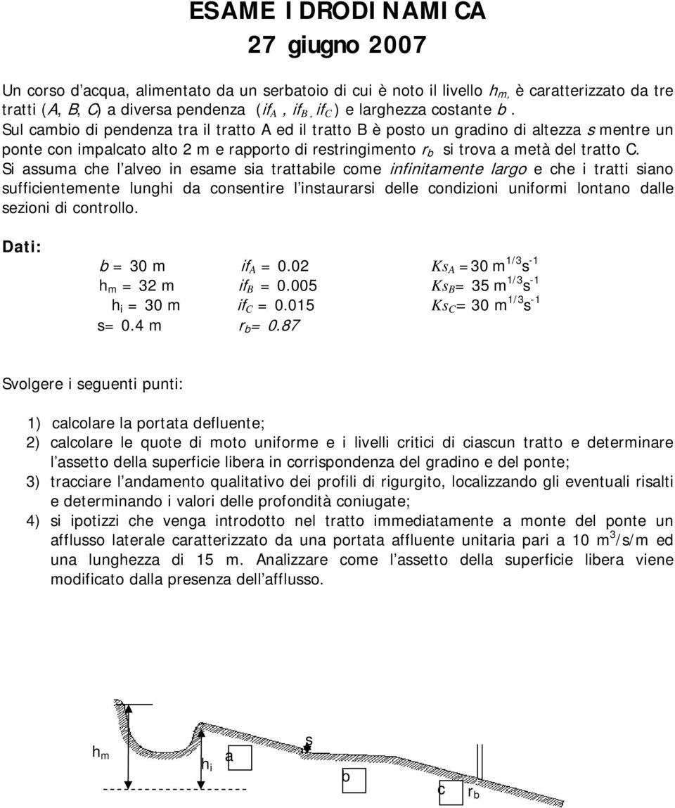 Sul cambio di pendenza tra il tratto A ed il tratto B è posto un gradino di altezza s mentre un ponte con impalcato alto 2 m e rapporto di restringimento r b si trova a metà del tratto C.