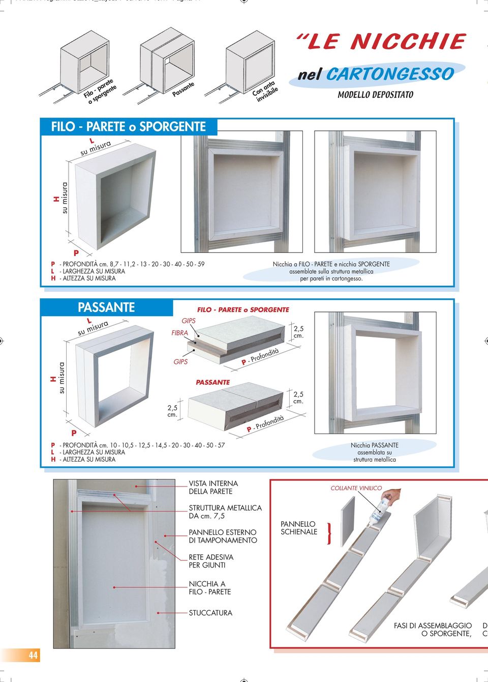 8,7-11,2-13 - 20-30 - 0-50 - 59 L - LARGHEZZA SU MISURA H - ALTEZZA SU MISURA PASSANTE FIBRA GIPS H su misura H su misura P Nicchia a FILO - PARETE e nicchia SPORGENTE assemblate sulla struttura