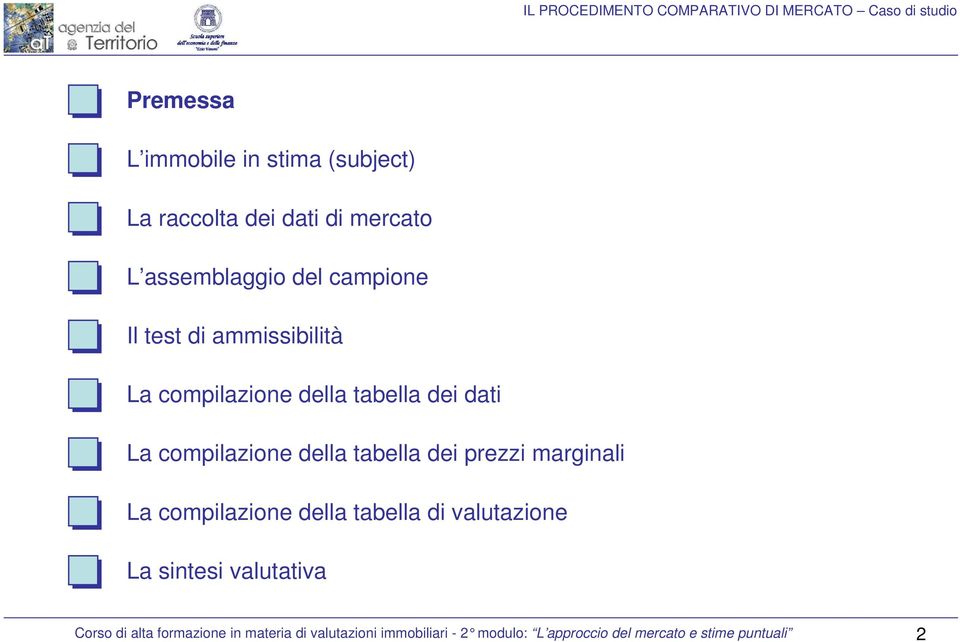 compilazione della tabella dei prezzi marginali La compilazione della tabella di alutazione La sintesi alutatia