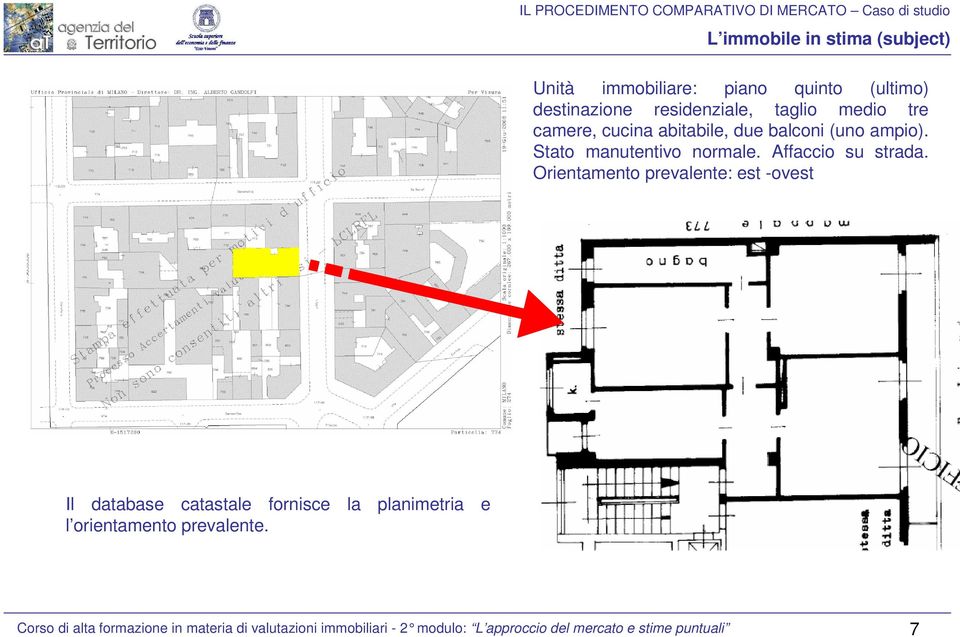 Orientamento prealente: est -oest Il database catastale fornisce la planimetria e l orientamento prealente.