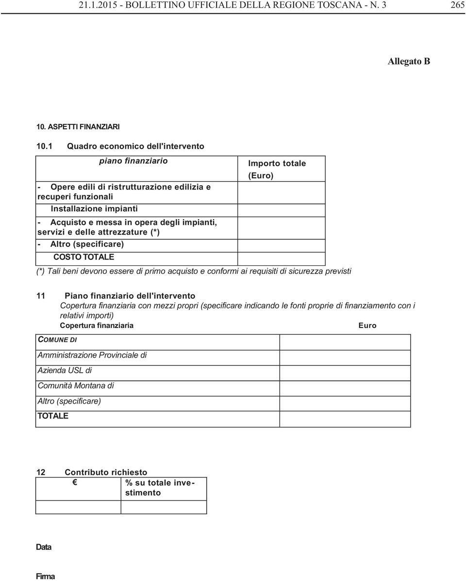 servizi e delle attrezzature (*) - Altro (specificare) COSTO TOTALE Importo totale (Euro) (*) Tali beni devono essere di primo acquisto e conformi ai requisiti di sicurezza previsti 11