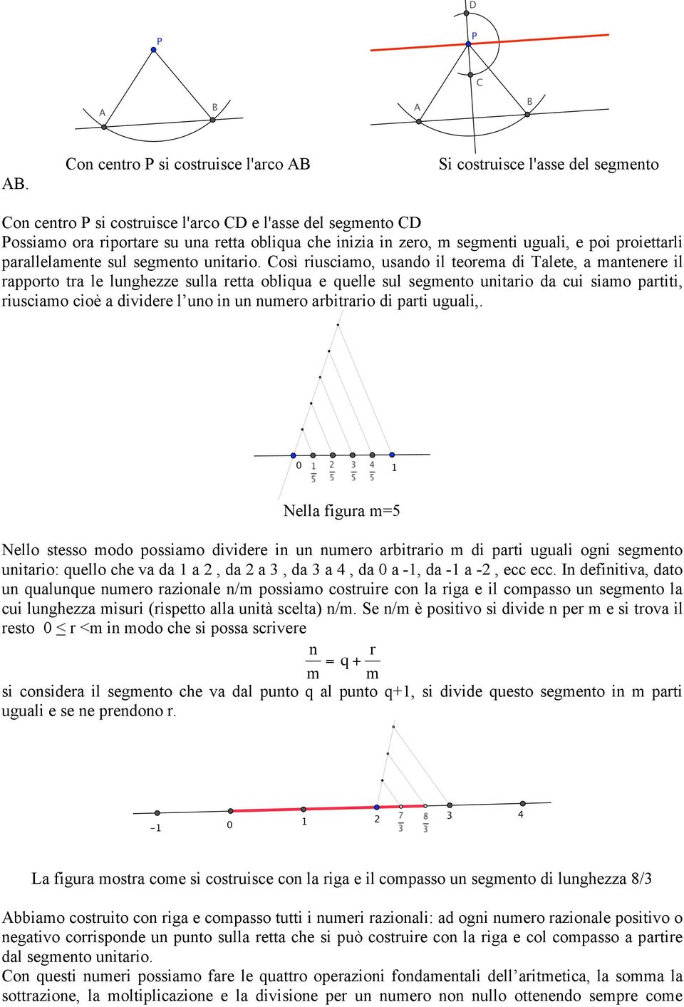 Così riusciamo, usando il teorema di Talete, a mantenere il rapporto tra le lunghezze sulla retta obliqua e quelle sul segmento unitario da cui siamo partiti, riusciamo cioè a dividere l uno in un