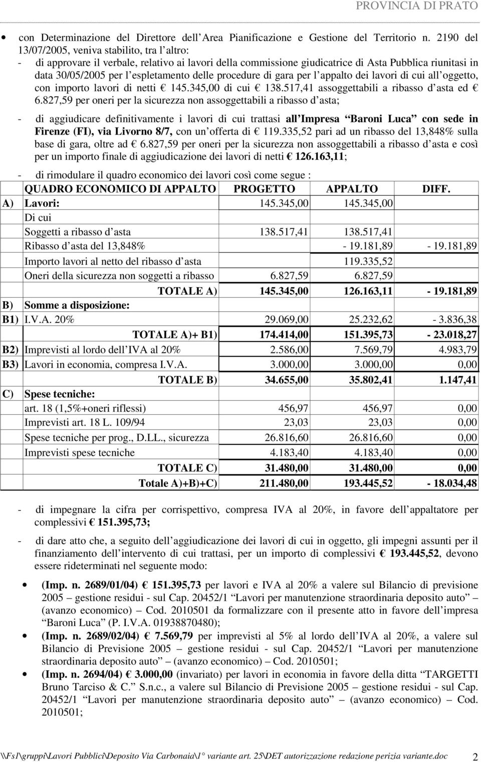 procedure di gara per l appalto dei lavori di cui all oggetto, con importo lavori di netti 145.345,00 di cui 138.517,41 assoggettabili a ribasso d asta ed 6.