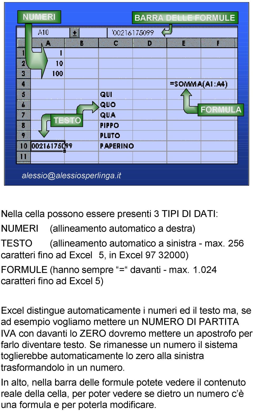 024 caratteri fino ad Excel 5) Excel distingue automaticamente i numeri ed il testo ma, se ad esempio vogliamo mettere un NUMERO DI PARTITA IVA con davanti lo ZERO dovremo mettere un