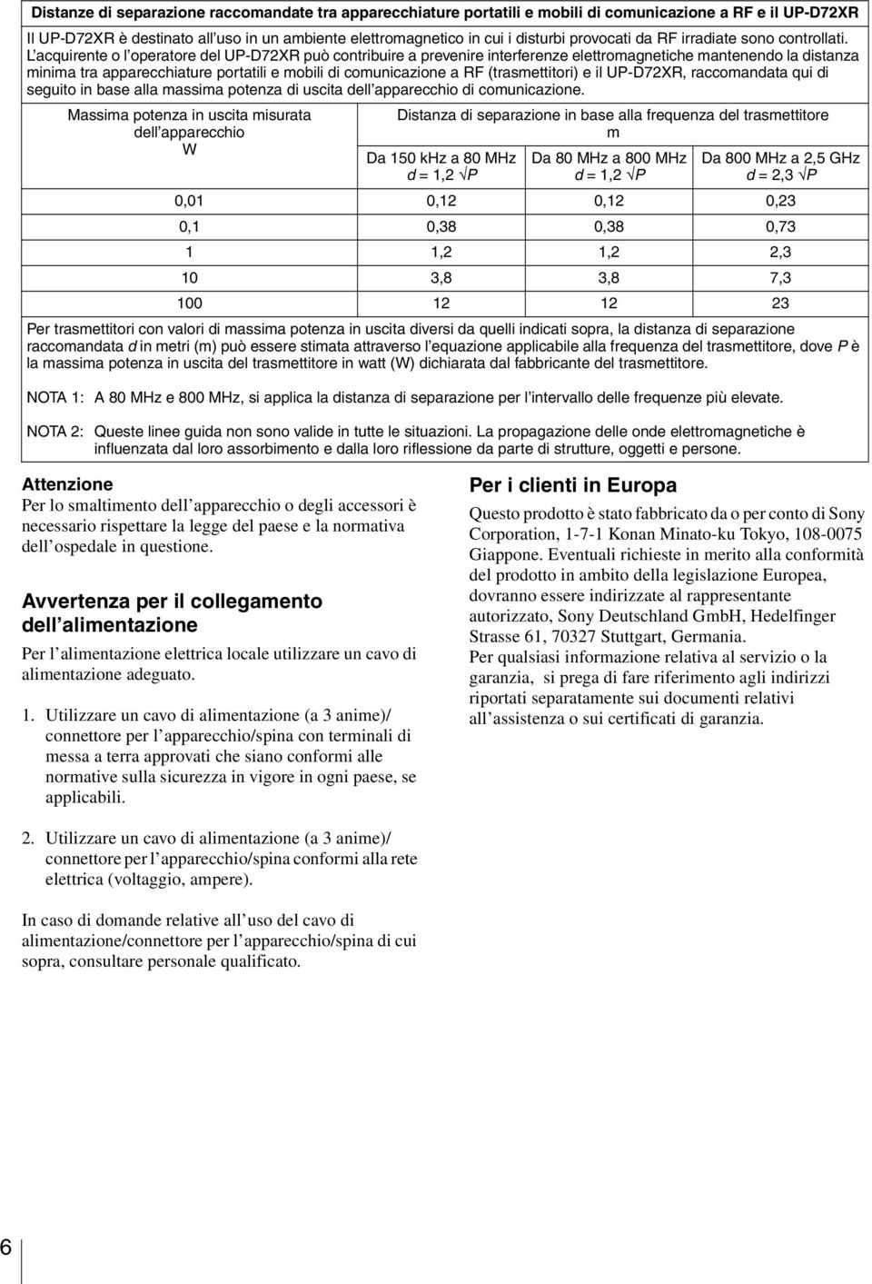 L acquirente o l operatore del UP-D72XR può contribuire a prevenire interferenze elettromagnetiche mantenendo la distanza minima tra apparecchiature portatili e mobili di comunicazione a RF