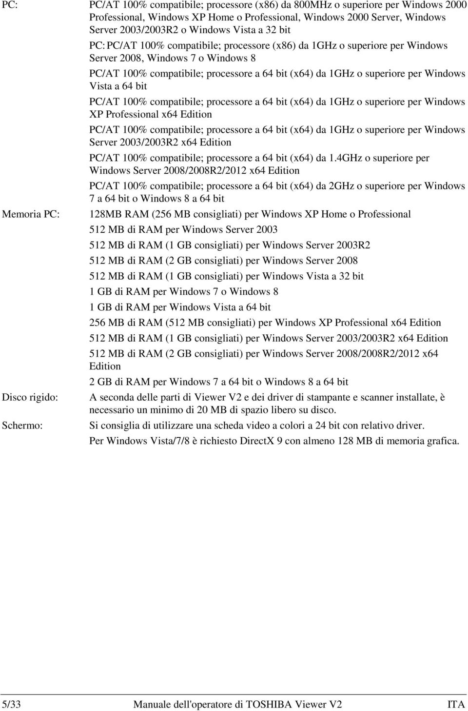 (x64) da 1GHz o superiore per Windows Vista a 64 bit PC/AT 100% compatibile; processore a 64 bit (x64) da 1GHz o superiore per Windows XP Professional x64 Edition PC/AT 100% compatibile; processore a