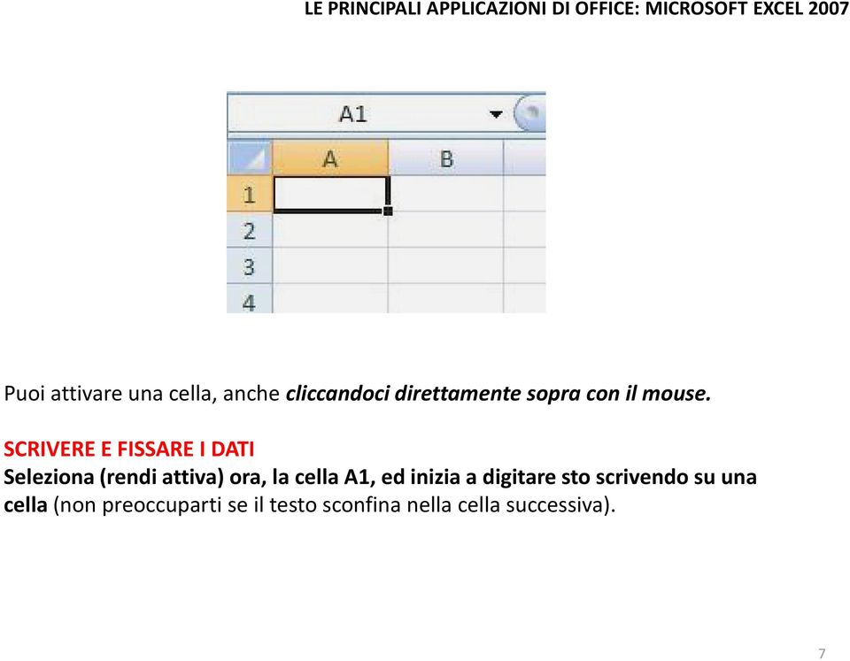 SCRIVERE E FISSARE I DATI Seleziona (rendi attiva) ora, la cella