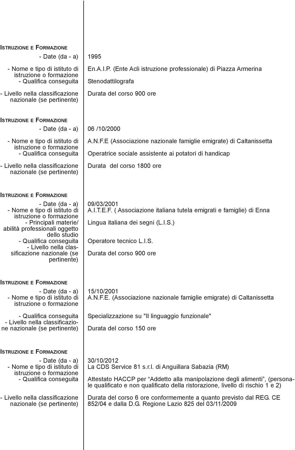 studio nazionale (se pertinente) 09/03/2001 A.I.T.E.F. ( Associazione italiana tutela emigrati e famiglie) di Enna Lingua italiana dei segni (L.I.S.) Operatore tecnico L.I.S. Durata del corso 900 ore 15/10/2001 A.