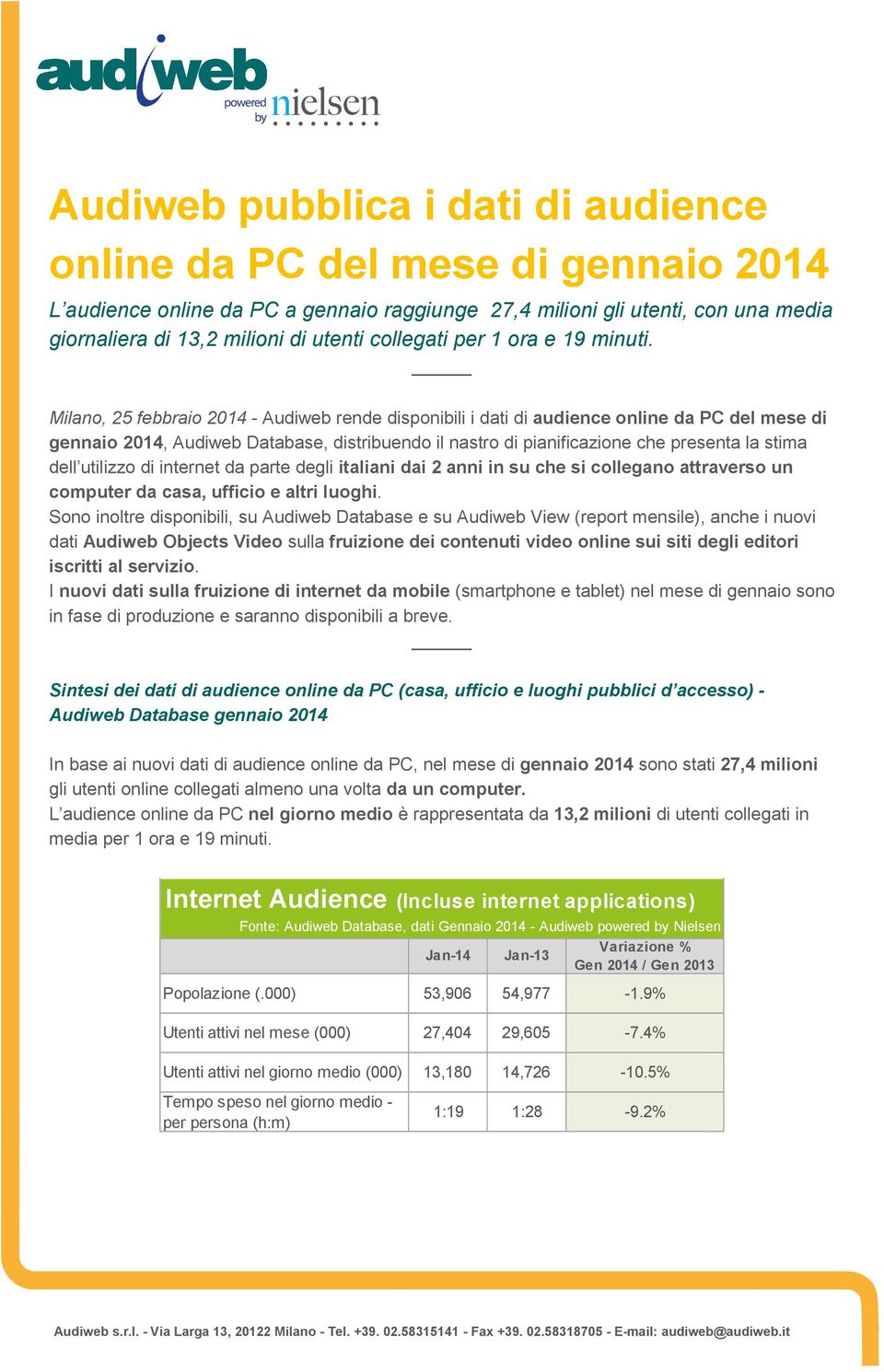 Milano, 25 febbraio 2014 - Audiweb rende disponibili i dati di audience online da PC del mese di gennaio 2014, Audiweb Database, distribuendo il nastro di pianificazione che presenta la stima dell