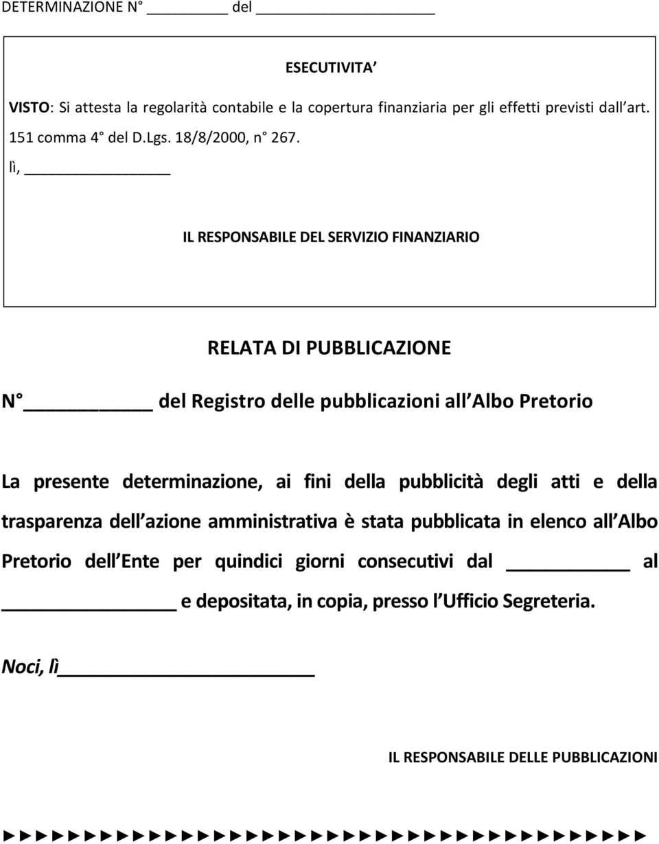 lì, IL RESPONSABILE DEL SERVIZIO FINANZIARIO RELATA DI PUBBLICAZIONE N del Registro delle pubblicazioni all Albo Pretorio La presente determinazione,