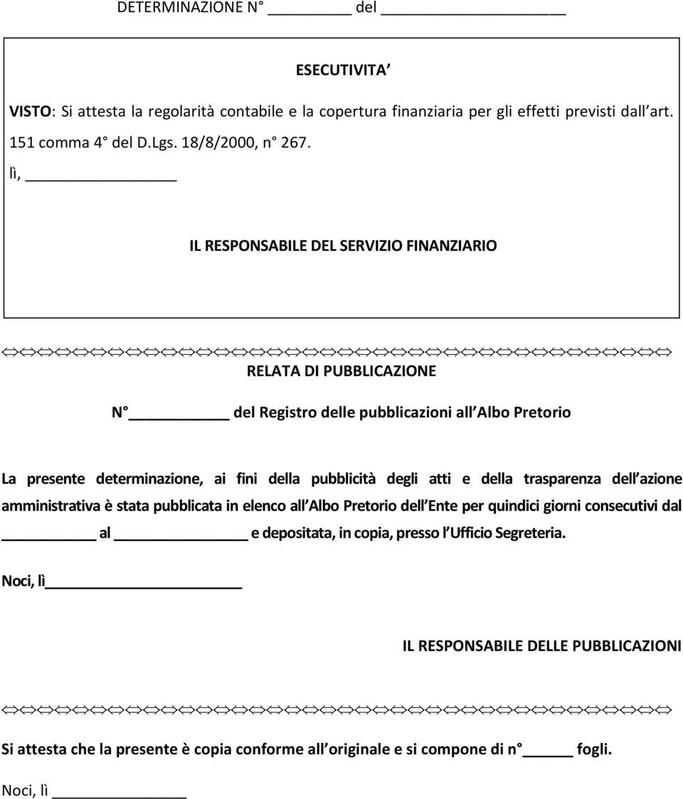 lì, IL RESPONSABILE DEL SERVIZIO FINANZIARIO RELATA DI PUBBLICAZIONE N del Registro delle pubblicazioni all Albo Pretorio La presente determinazione, ai fini della