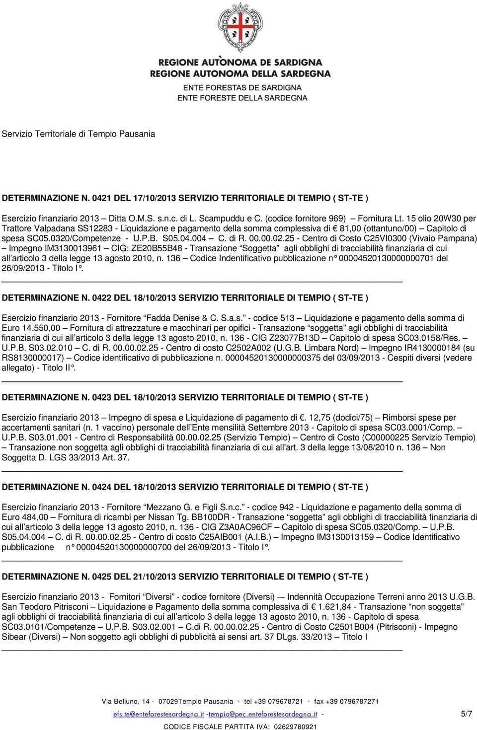 25 - Centro di Costo C25VI0300 (Vivaio Pampana) Impegno IM3130013961 CIG: ZE20B55B48 - Transazione Soggetta agli obblighi di tracciabilità finanziaria di cui all articolo 3 della legge 13 agosto