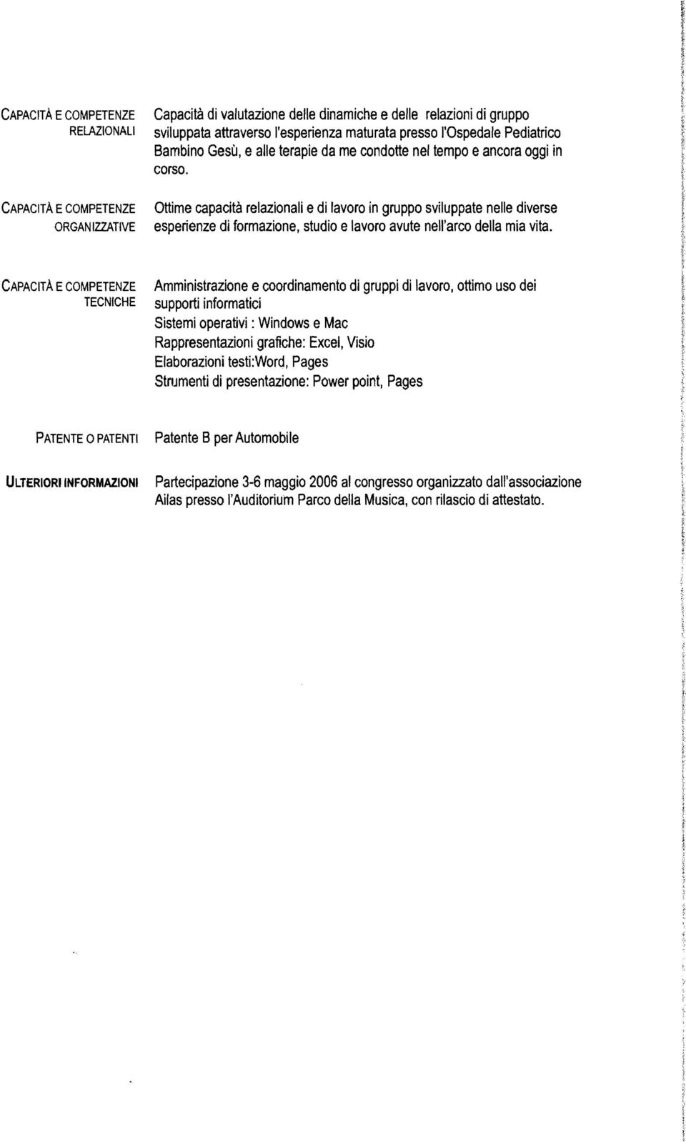 Ottime capacità relazionali e in gruppo sviluppate nelle diverse esperienze di formazione, e lavoro avute nell'arco della mia vita.