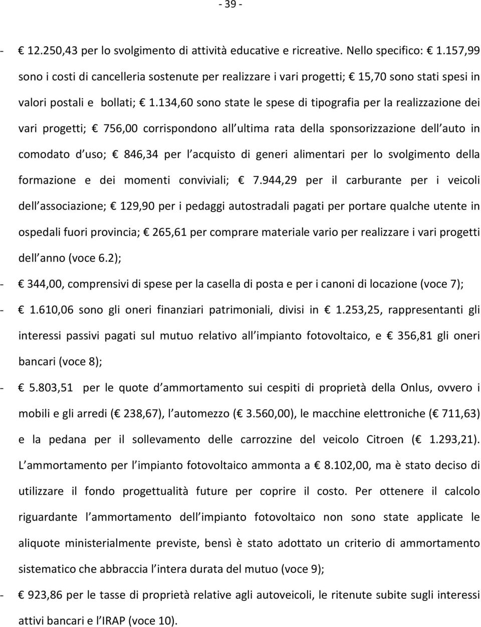 134,60 sono state le spese di tipografia per la realizzazione dei vari progetti; 756,00 corrispondono all ultima rata della sponsorizzazione dell auto in comodato d uso; 846,34 per l acquisto di