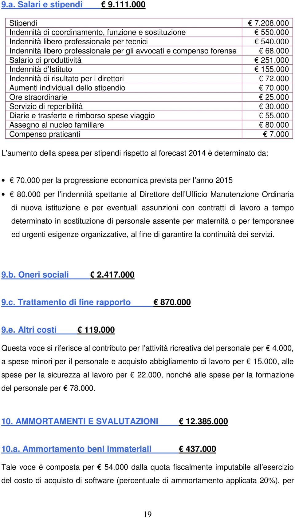 000 Aumenti individuali dello stipendio 70.000 Ore straordinarie 25.000 Servizio di reperibilità 30.000 Diarie e trasferte e rimborso spese viaggio 55.000 Assegno al nucleo familiare 80.